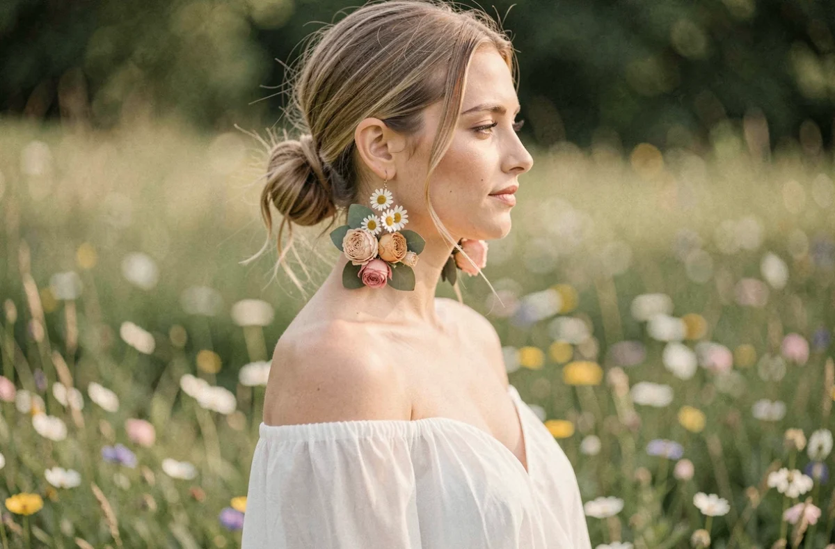 Mariée champêtre portant des boucles d'oreilles pendantes en fleurs séchées dans un pré fleuri