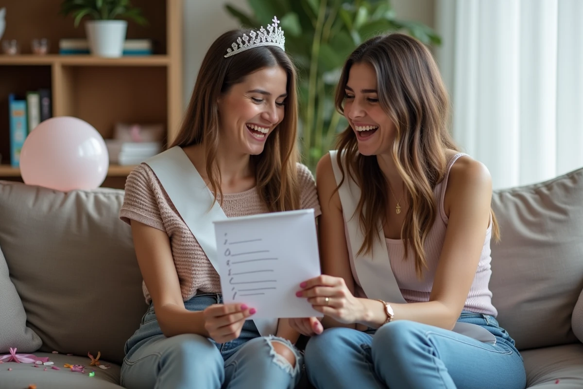 Mariée portant une écharpe blanche et un diadème riant avec son amie qui tient une checklist pour un EVJF improvisé