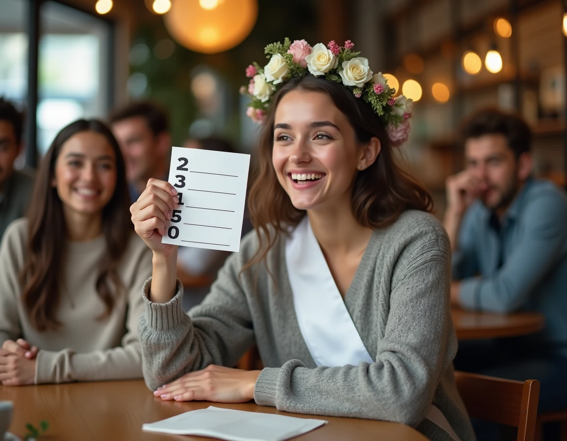 Future mariée tenant une carte de jeu EVJF imprimée dans un café entourée de ses amies hilares