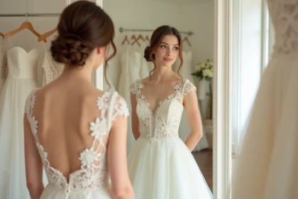Mariée en robe courte blanche devant un miroir en boutique de mariage, reflet montrant le dos de la robe et la coiffure élégante