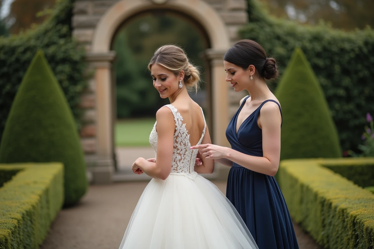 Mariée en robe courte ivoire et témoin en robe bleue marine inspectant l'ourlet de la robe dans un jardin de réception