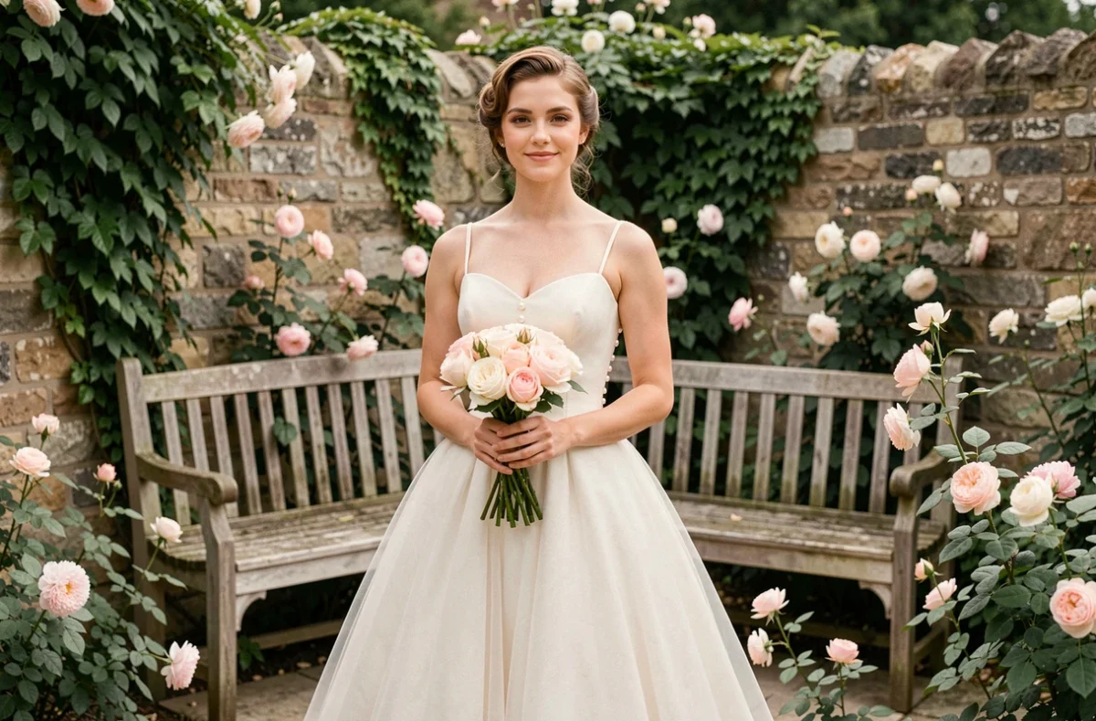 Mariée portant une robe vintage années 50 transformée avec des détails en perles dans un jardin fleuri romantique