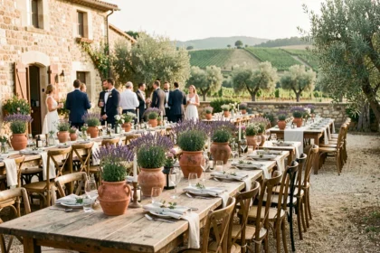 Réception de mariage en plein air en Occitanie avec tables décorées de lavande et arrière-plan de vignobles