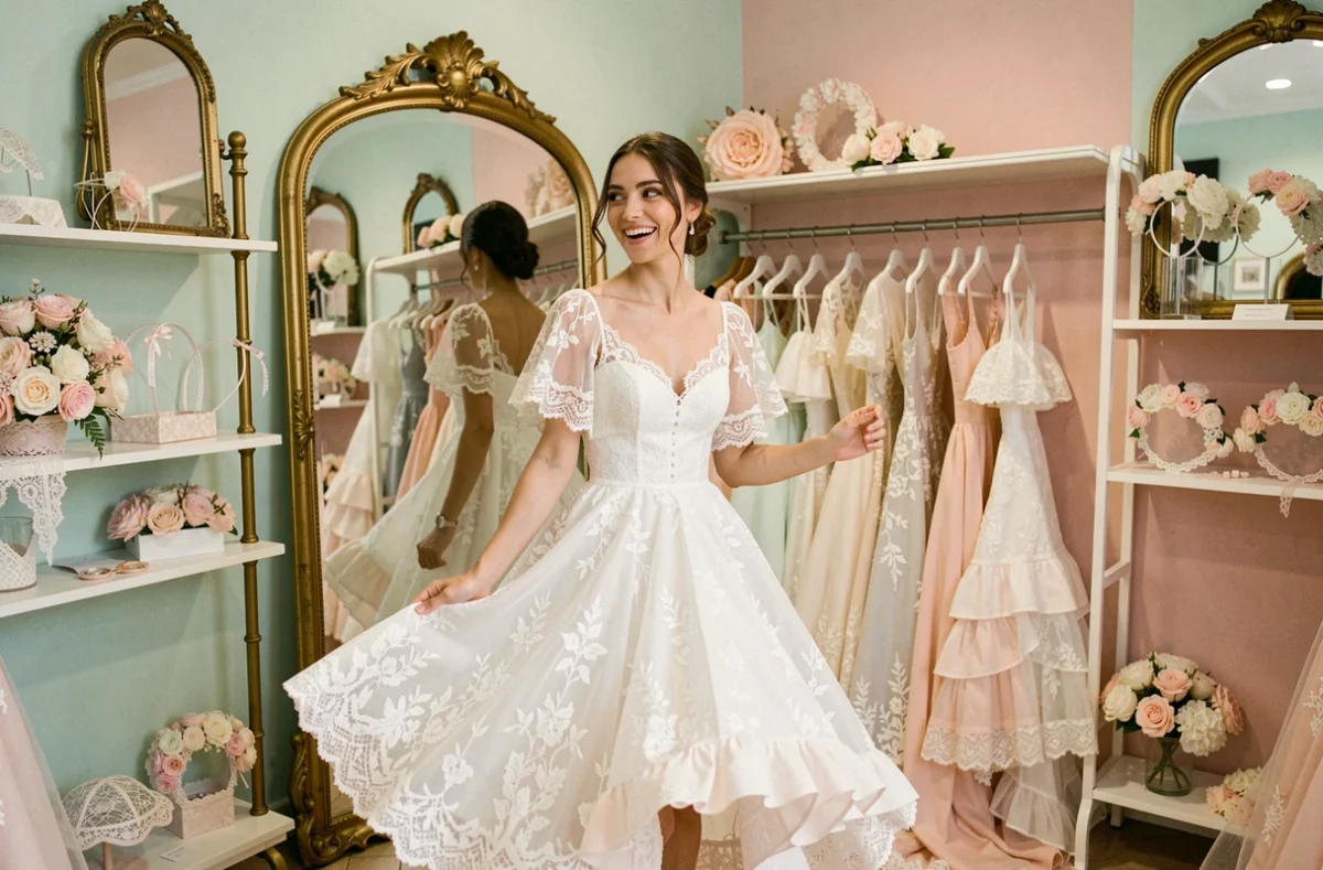 Jeune mariée virevoltant dans une robe en dentelle chantilly romantique dans la boutique Mlle Chantilly à Montpellier