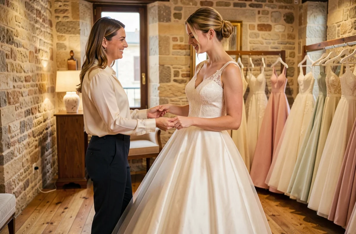 Conseillère présentant une robe de mariée à une future mariée dans la boutique Monica Mariage près de Toulouse à Seysses