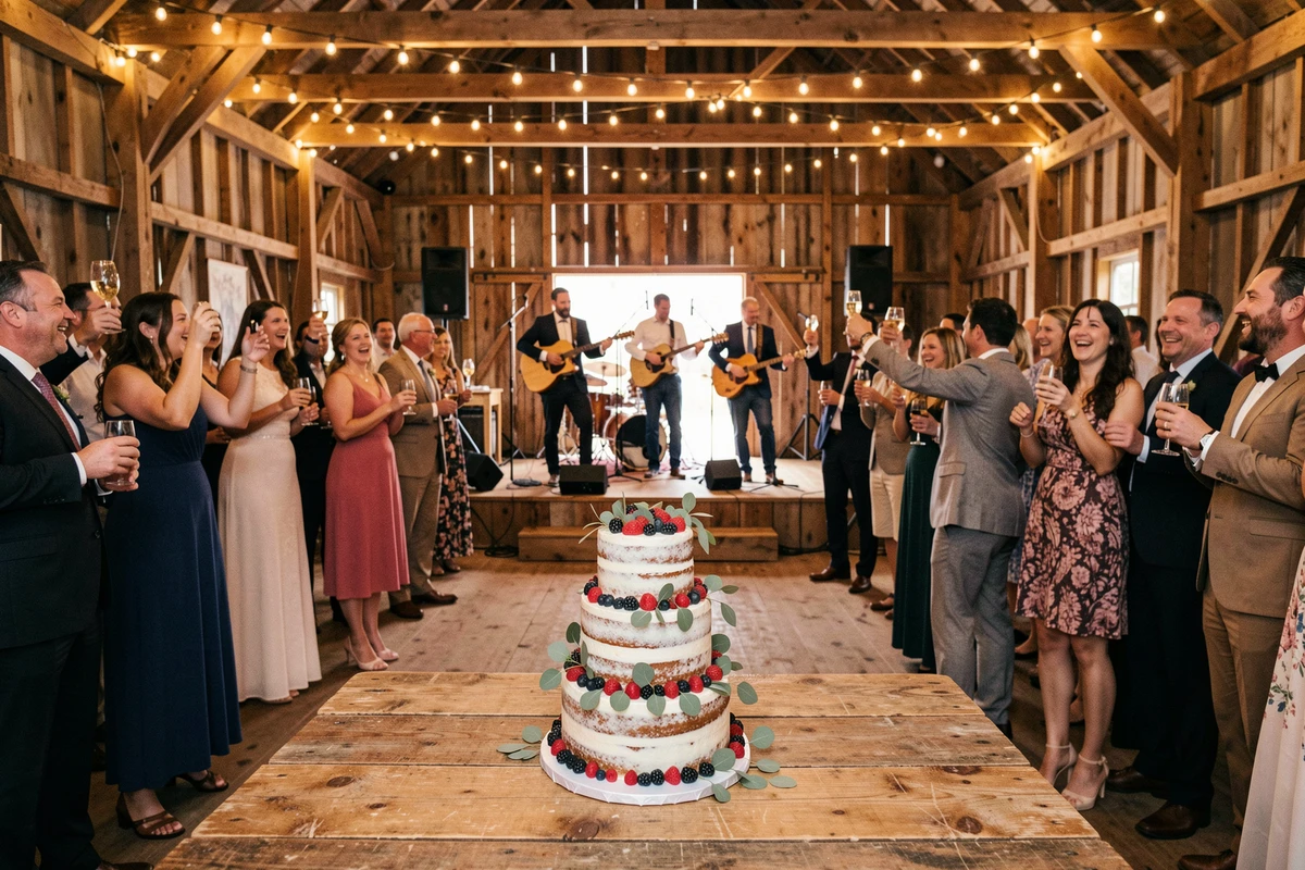 Vue large d'une réception de mariage champêtre avec groupe de musique live et gâteau naked cake aux fruits rouges