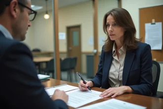Femme négociant le prix de location d'une salle des fêtes avec un gestionnaire dans un bureau administratif