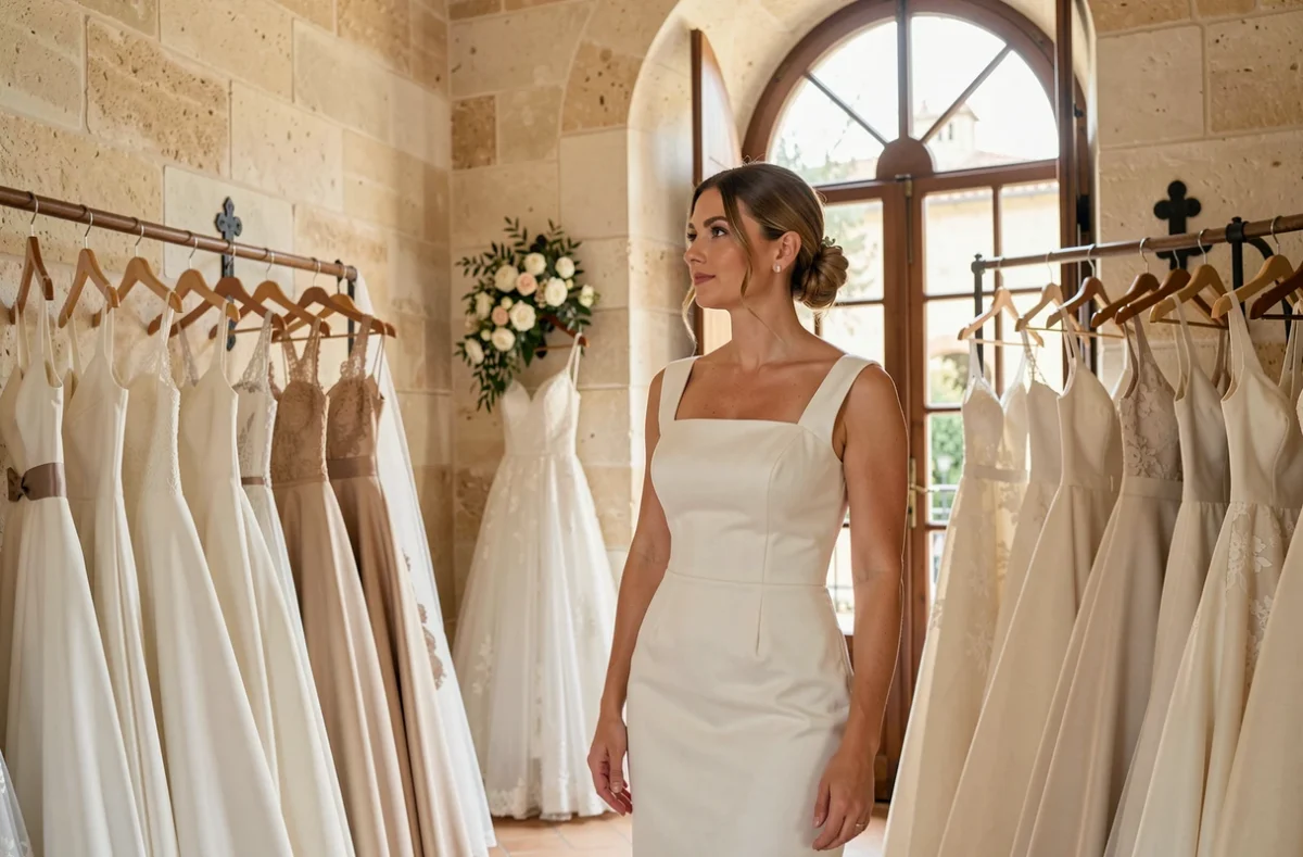 Mariée en robe ajustée en mikado près d'une fenêtre arquée dans la boutique Nîmes Mariées à Nîmes