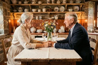 Couple de personnes âgées célébrant leurs noces d'or autour d'un dîner intime dans une cuisine en pierre à la campagne