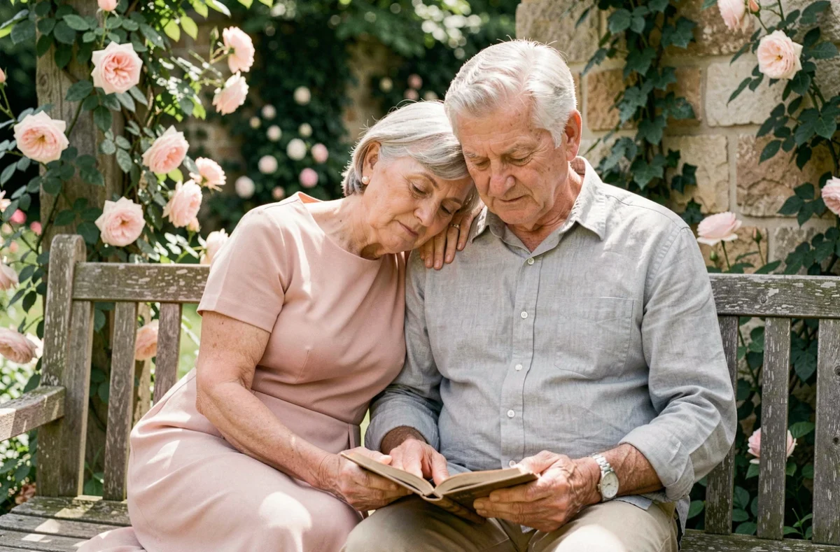 Couple de seniors partageant un moment nostalgique dans un jardin fleuri lors de leurs cinquante ans de mariage