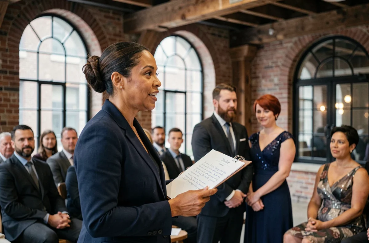 Officiante de cérémonie laïque lisant un discours personnalisé devant les mariés dans un loft industriel