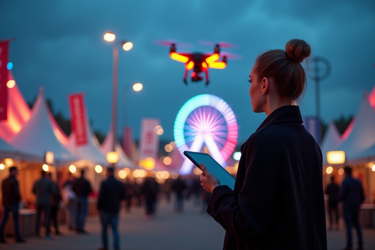 Jeune femme organisatrice observant le show de drones dans un festival