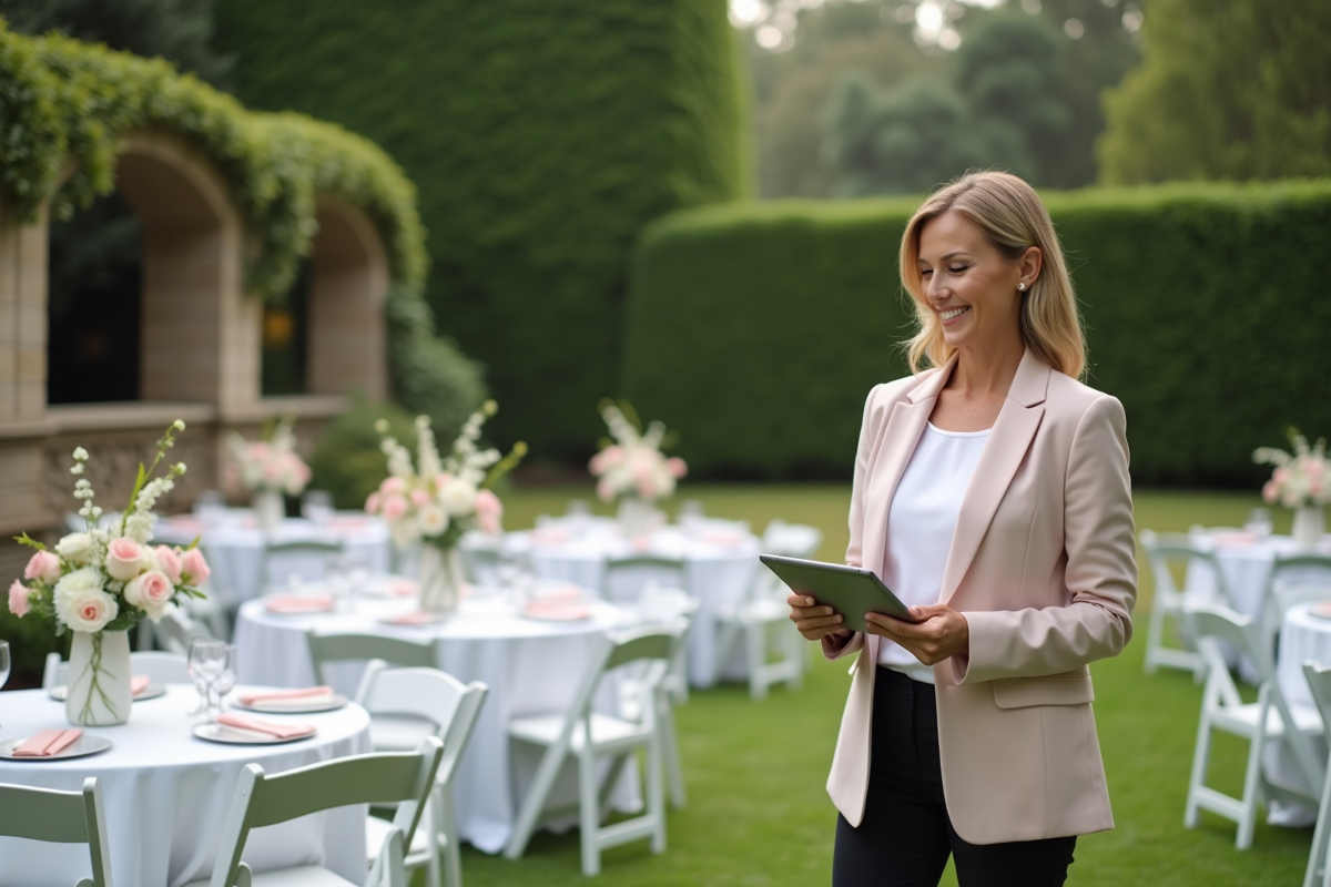 Organisatrice de mariage en extérieur avec tablette