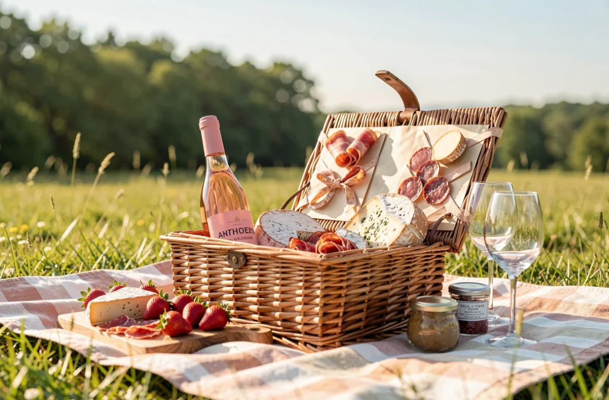 Panier pique-nique gastronomique ouvert sur une couverture à carreaux dans un pré ensoleillé, avec fromages, charcuterie, rosé et fraises fraîches