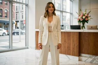 Femme portant un pantalon de mariée ivoire avec blazer ajusté lors d'un mariage civil dans une mairie moderne