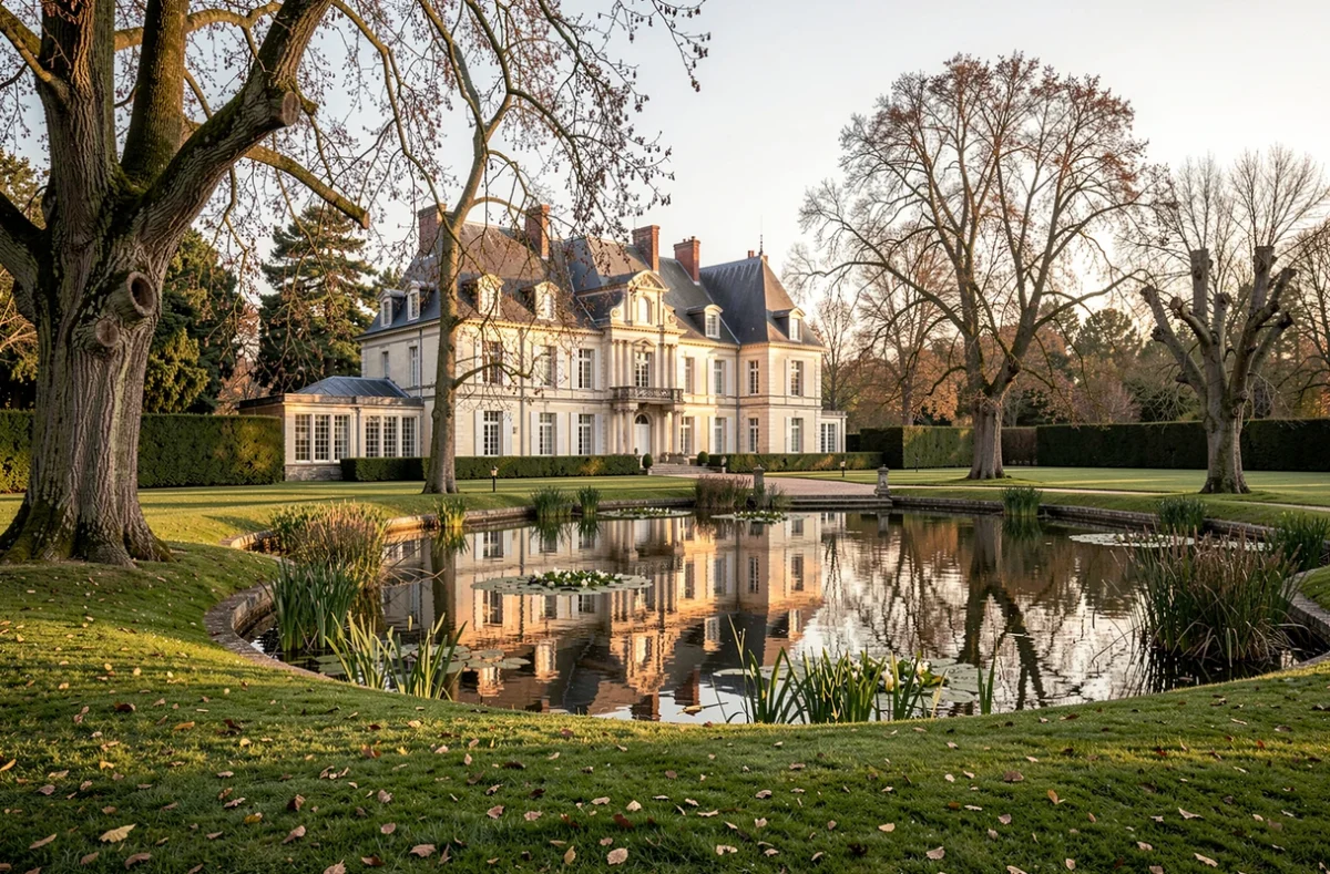 Parc paysager d'un château avec un bassin et de grands arbres