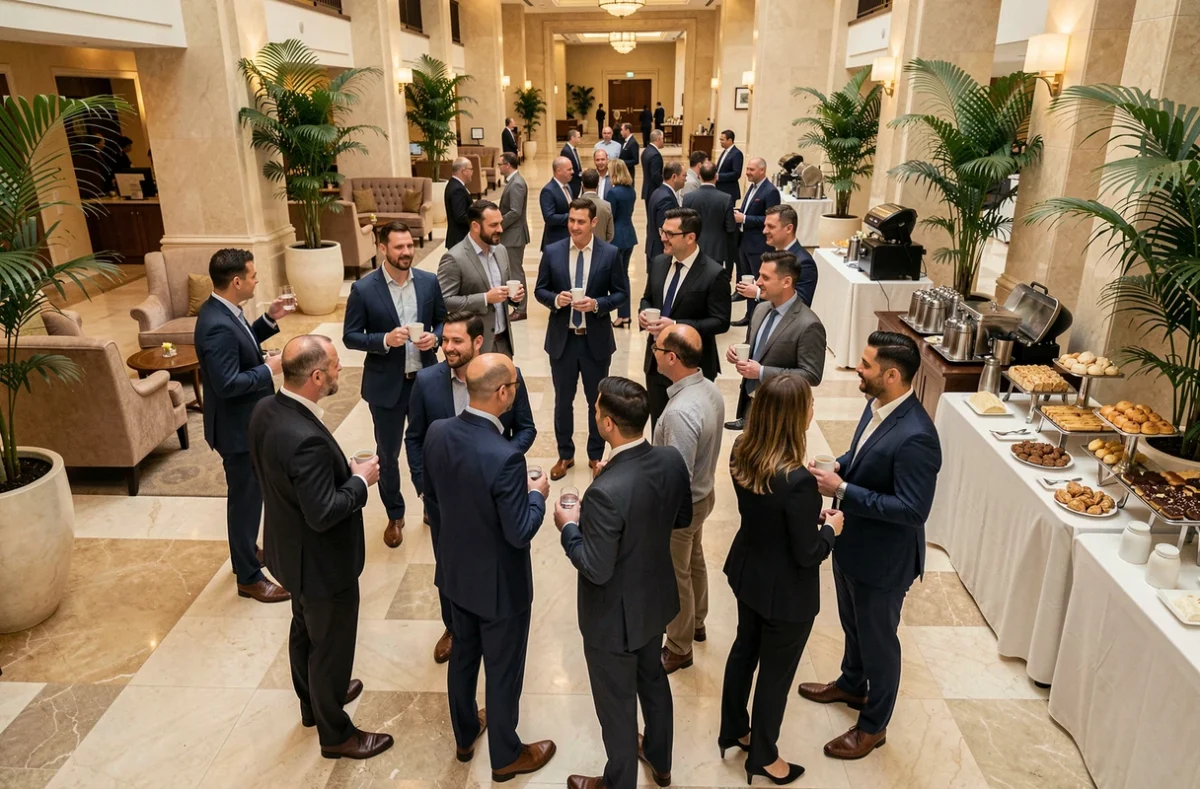 Pause café networking lors d'un séminaire d'entreprise dans un hall d'hôtel, professionnels en discussion informelle autour des buffets de restauration