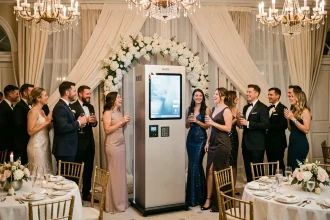 Photobooth KRUU installé dans une salle de mariage chic avec arche florale blanche et invités souriants en tenue de soirée