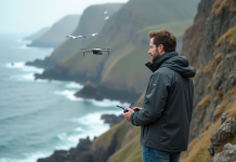 Drones en photographie : Pourquoi et comment les professionnels s’en servent ? Photographe professionnel maniant un drone sur une falaise rocheuse