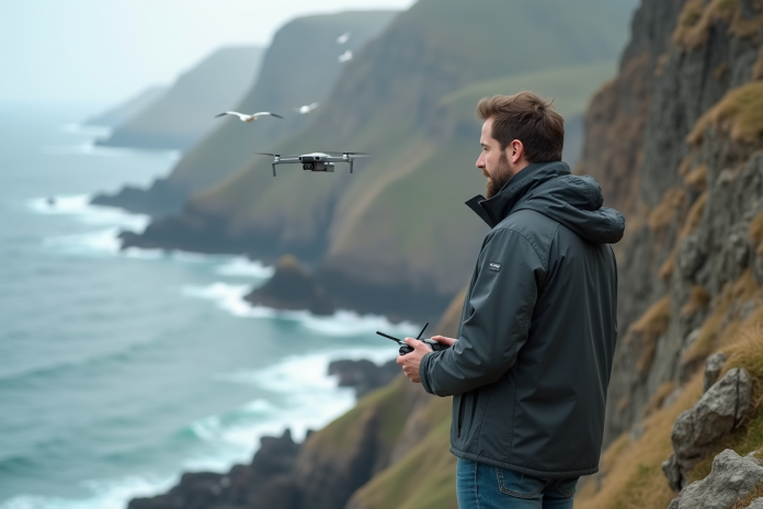 Photographe professionnel maniant un drone sur une falaise rocheuse