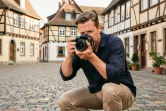 Photographe professionnel en action dans une place typique d'Ensisheim avec architecture alsacienne en arrière-plan