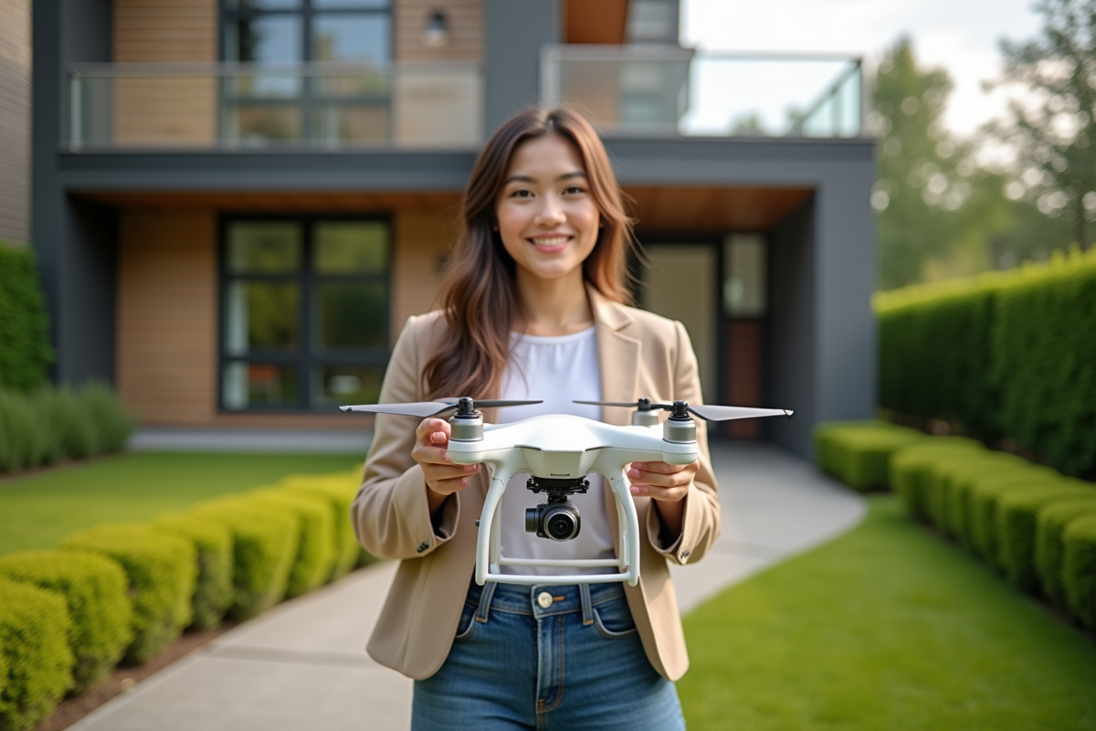 Jeune femme photographe immobiliere dans un jardin soigné