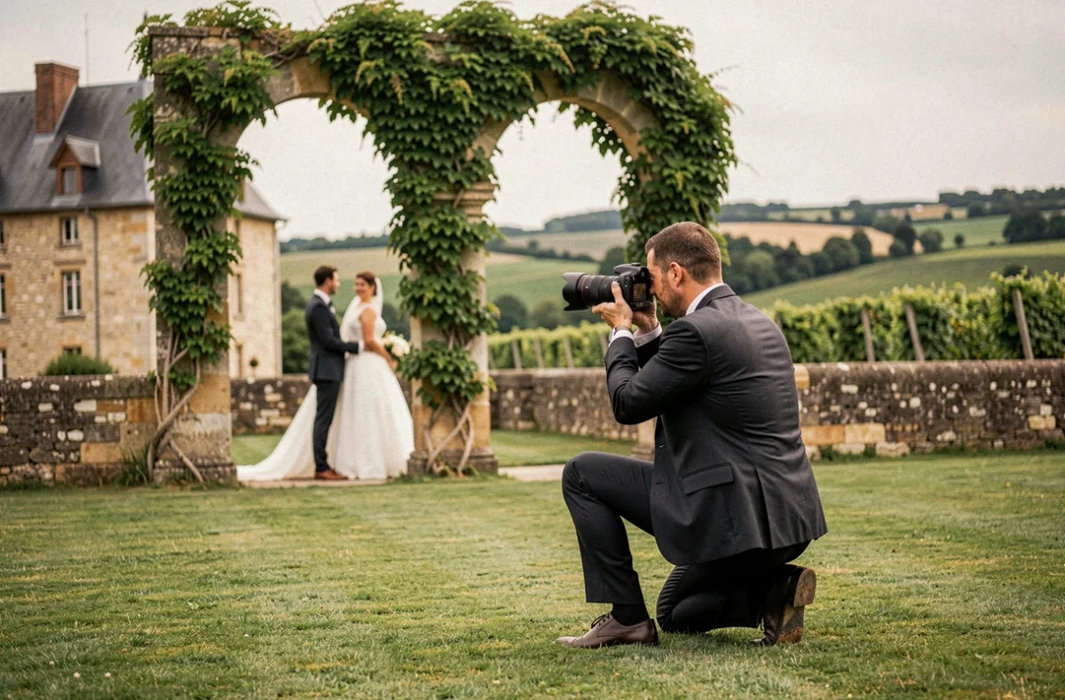 Photographe de mariage capturant les mariés lors d'une cérémonie en plein air près d'Ensisheim