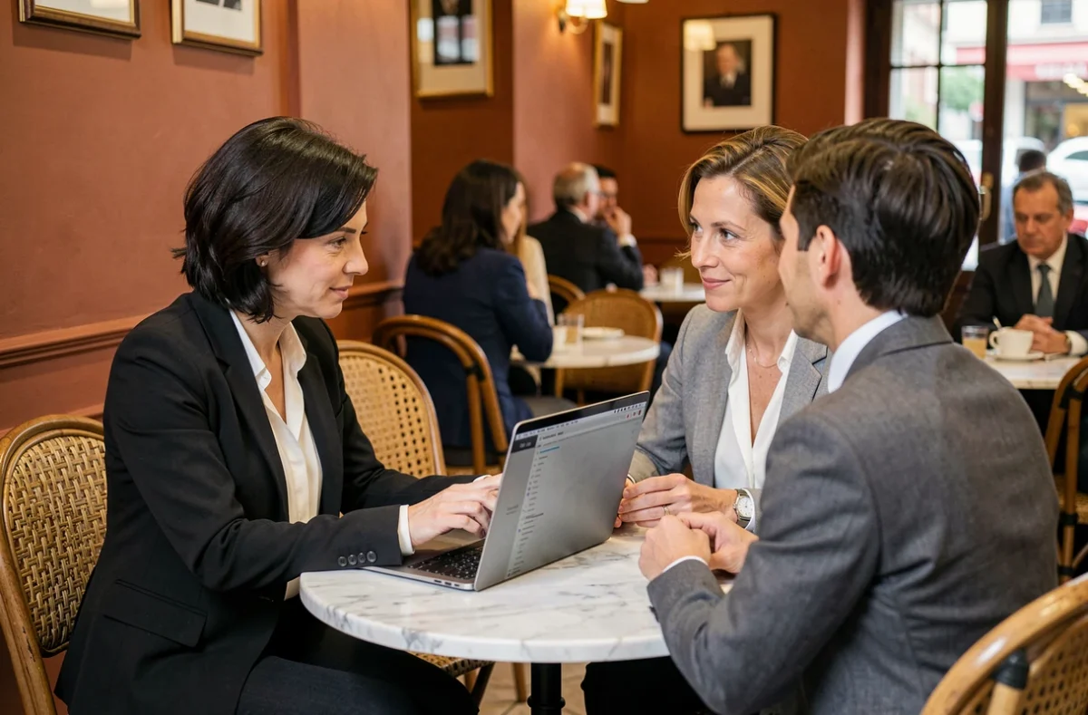 Photographe de mariage femme présentant son portfolio numérique à un couple dans un café parisien lors d'un rendez-vous de consultation