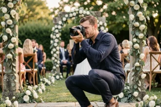 Photographe de mariage professionnel en action lors d'une cérémonie en extérieur, capturant les mariés à genoux près d'une arche fleurie