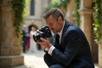 Photographe de mariage professionnel en action lors d'une cérémonie en plein air, capturant des moments authentiques avec un appareil reflex plein format