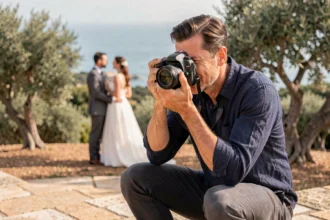 Photographe de mariage professionnel en train de shooter un couple sur une terrasse en pierre près de Toulon avec vue sur la mer Méditerranée