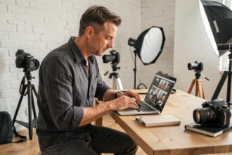 Photographe professionnel à Levallois-Perret consultant ses tarifs sur un ordinateur portable dans un studio moderne