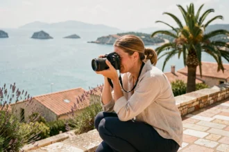 Photographe professionnelle qui cadre un portrait en bord de mer à Hyères avec vue sur les îles d'Or