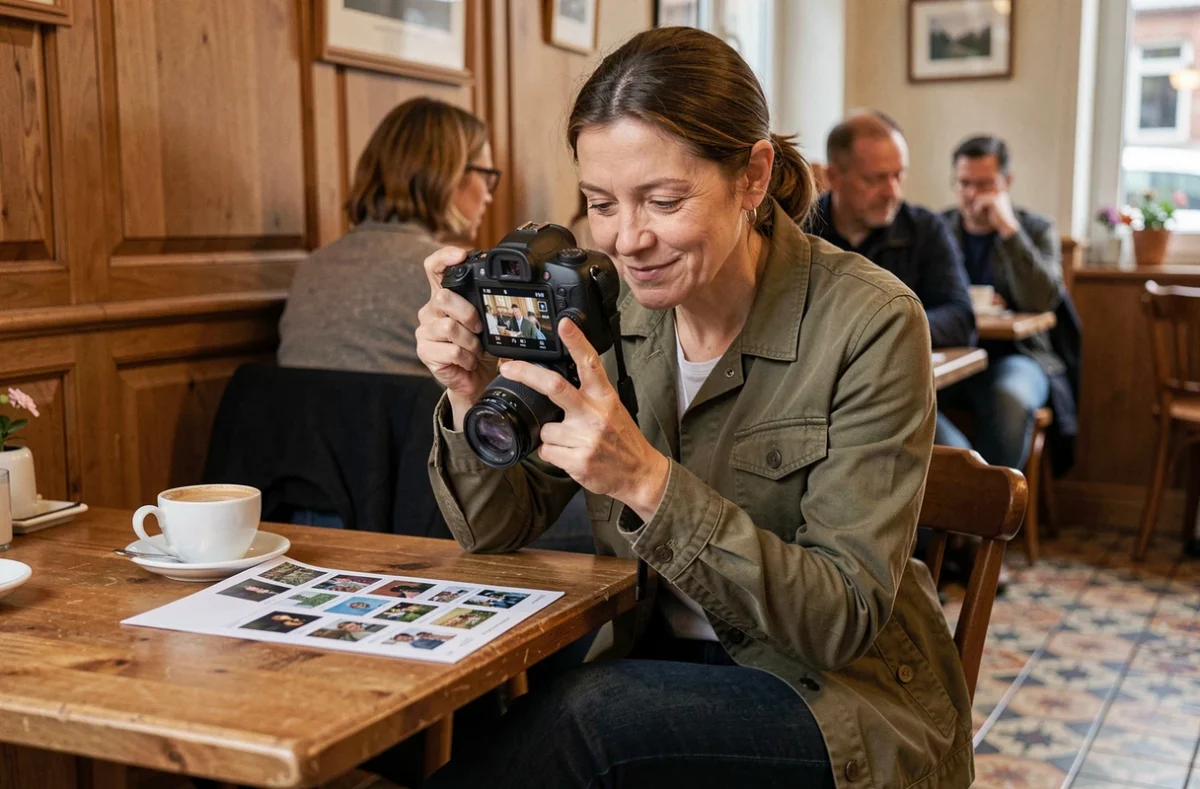 Photographe professionnelle révisant ses clichés dans un café chaleureux d'Ensisheim après une séance photo