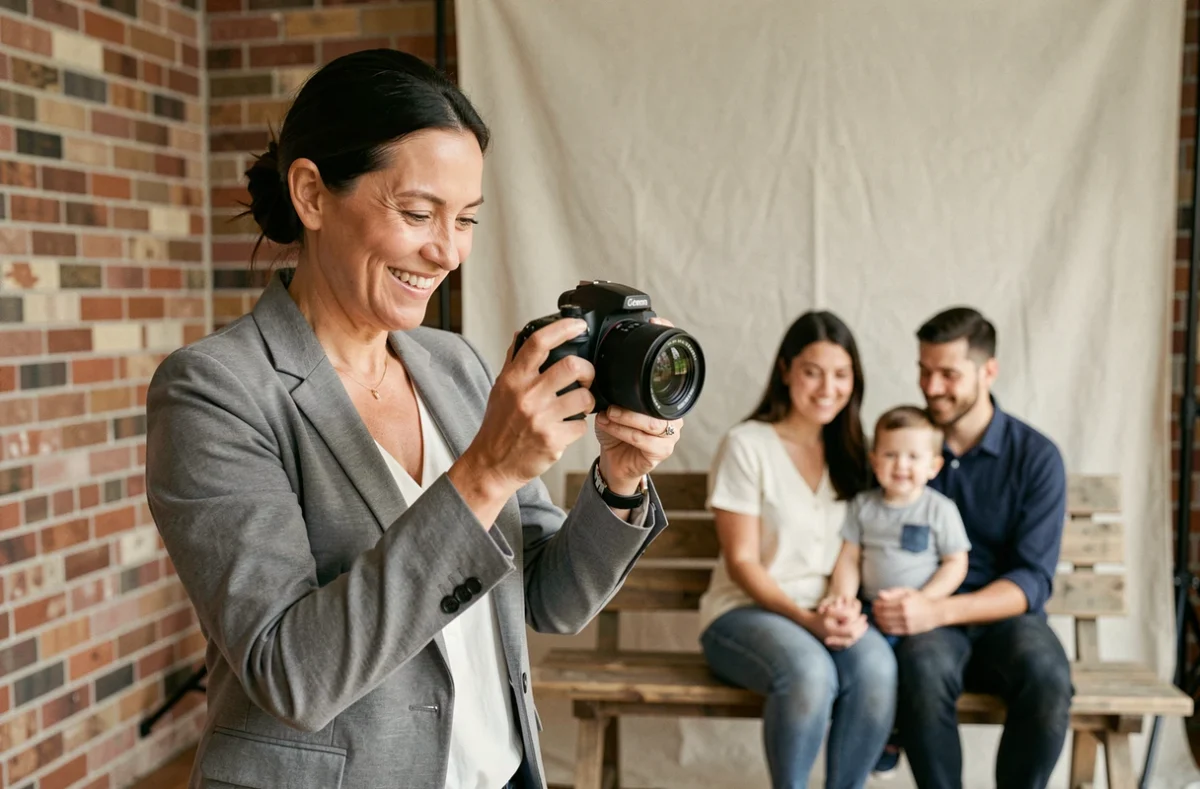 Photographe professionnelle animant une séance portrait en famille dans un studio à Ensisheim