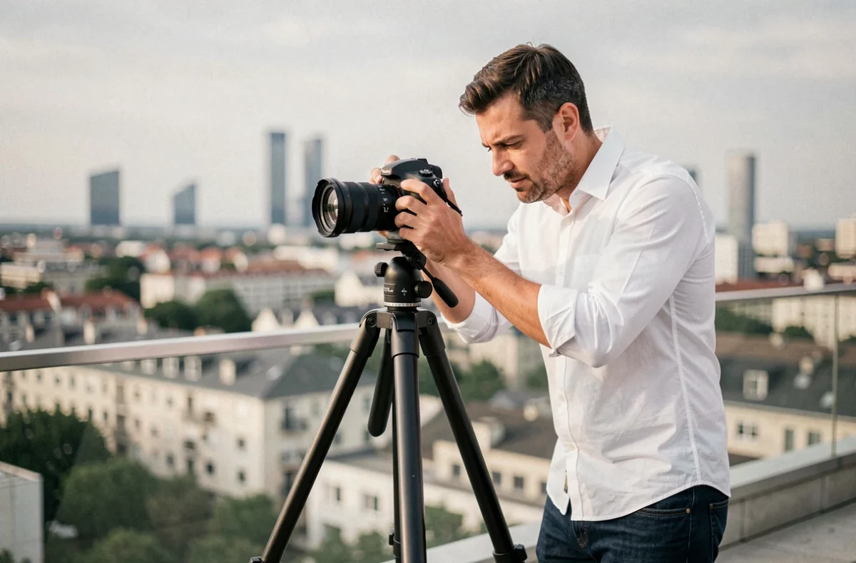 Photographe réglant son appareil sur une terrasse avec vue sur les toits de Levallois-Perret et La Défense