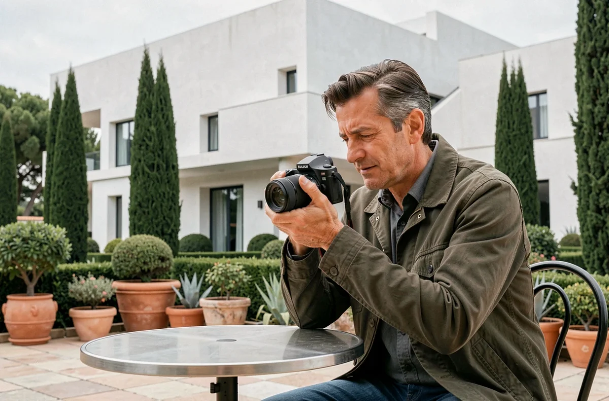 Photographe consultant ses clichés en terrasse devant la Villa Noailles à Hyères, architecture moderniste en arrière-plan