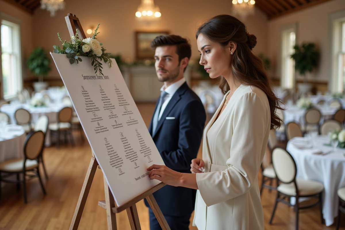 Dame et jeune homme examinant un plan de table en intérieur