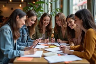 Groupe d'amies qui planifient un enterrement de vie de jeune fille de dernière minute autour d'une table de café avec carnets et téléphones