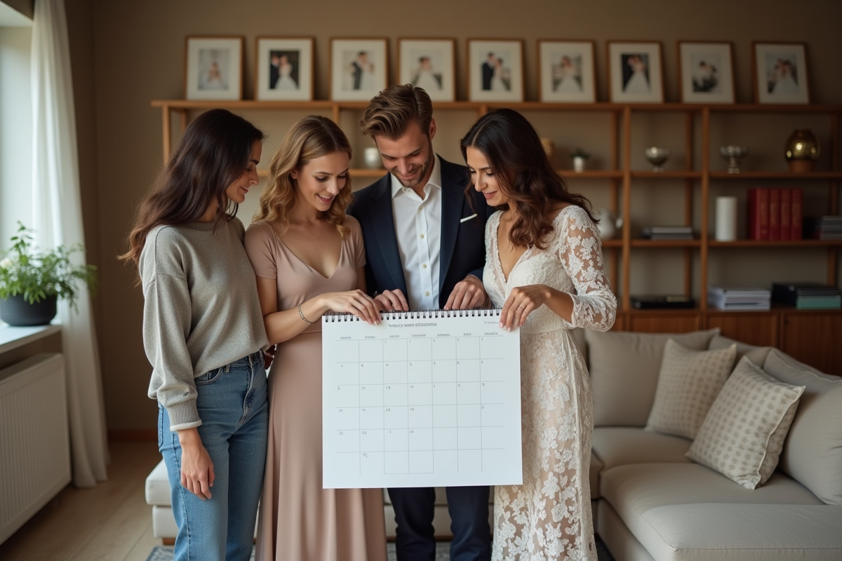 Groupe de jeunes couples planifiant leur mariage avec un calendrier