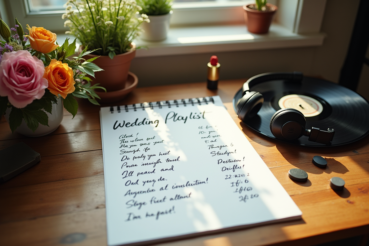 Playlist écrite à la main avec fleurs et vinyles sur une table en bois