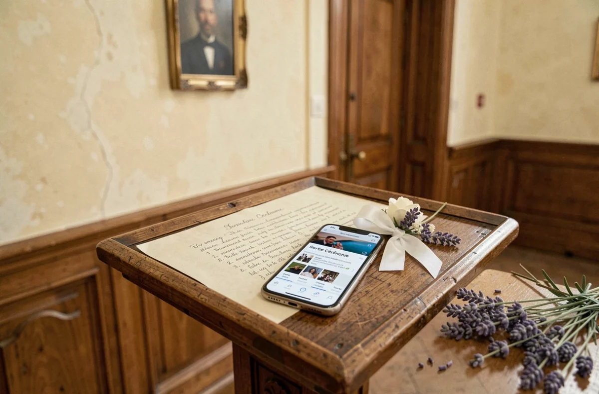 Détail d'un smartphone affichant une playlist de musique de sortie de cérémonie de mariage posé sur un pupitre en bois dans un couloir de mairie