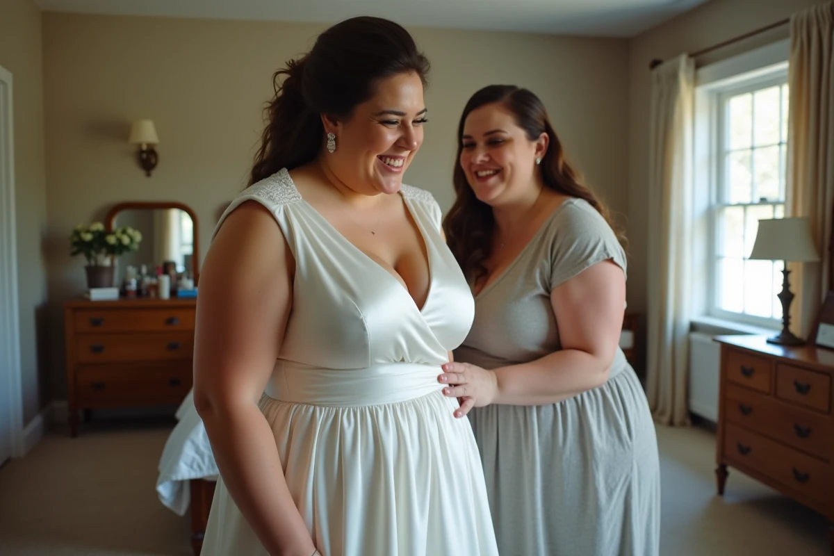 Deux femmes rondes riant ensemble lors des préparatifs de mariage à la maison, l'une dans une robe de mariée en satin ajustée