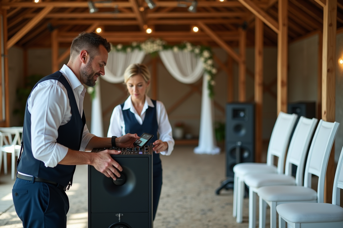 Équipe préparant la salle de mariage dans une grange