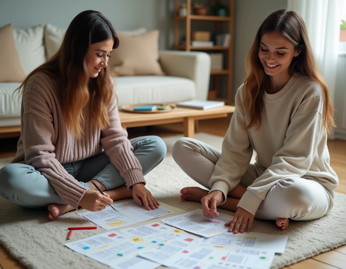 Deux femmes préparant les fiches d'un jeu EVJF à imprimer gratuit installées sur un tapis de salon