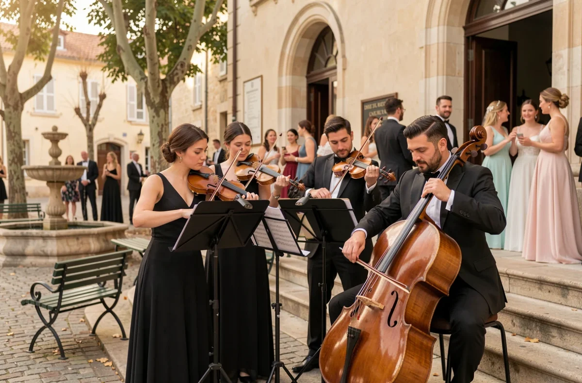 Quatuor à cordes en tenue formelle jouant sur les marches d'une mairie lors d'un mariage intimiste en province française
