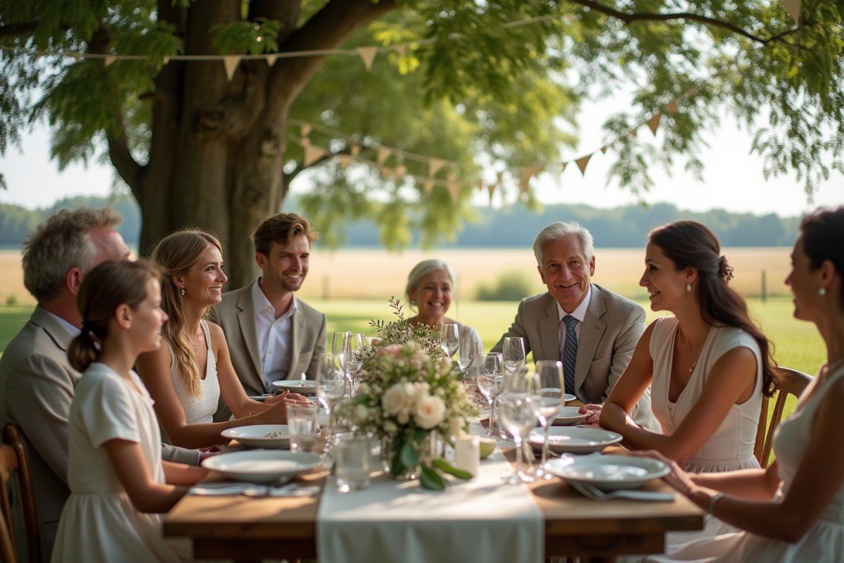 Groupe d invités lors d une reception champetre avec table decorée et ambiance festive