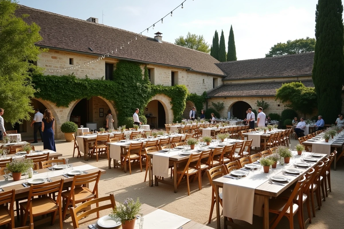 Tables de réception en plein air dans un domaine viticole de Gironde avec grange en pierre et invités en tenue estivale