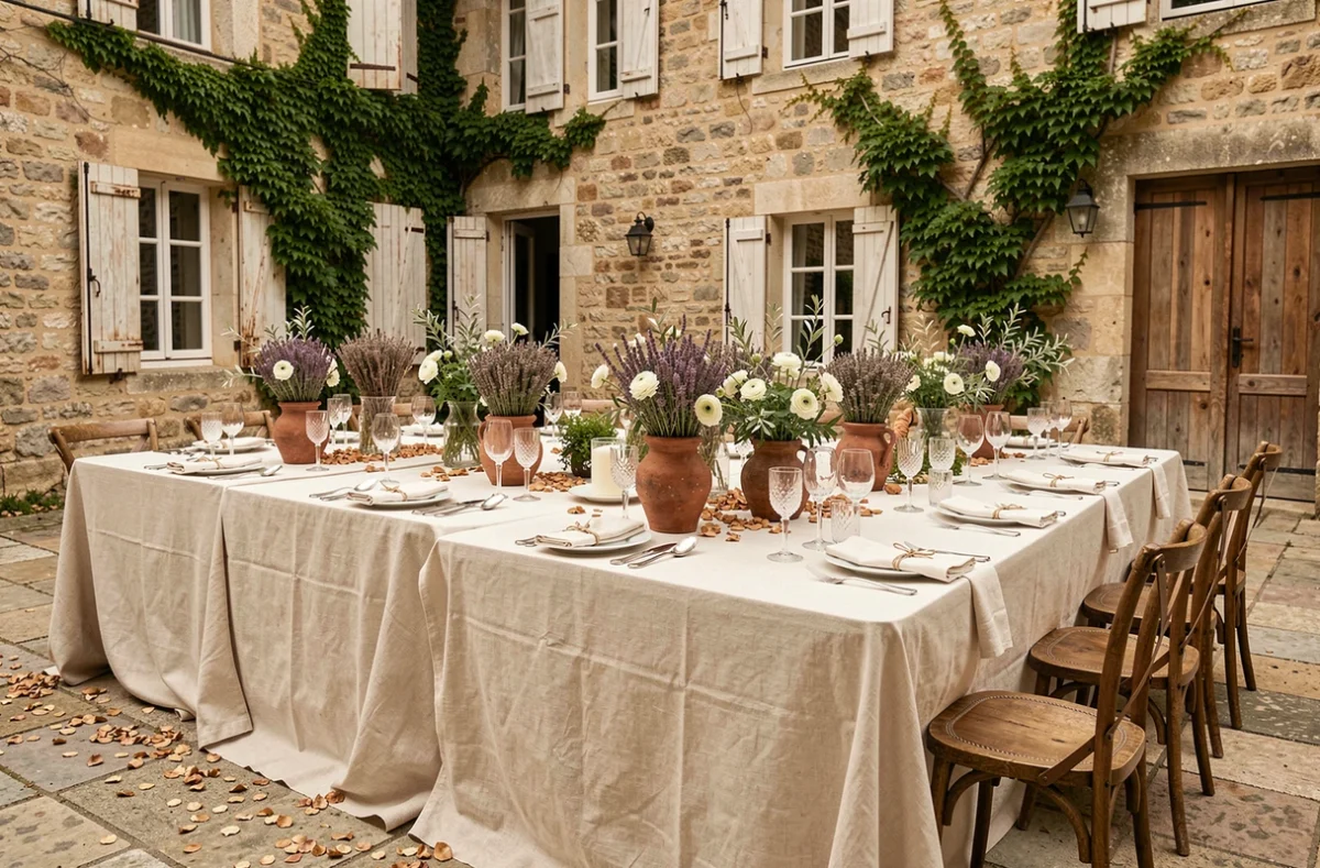 Table de réception de mariage de luxe en plein air dans la cour d'une bastide en pierre de Provence dans le Var, décoration florale élégante et art de la table raffiné