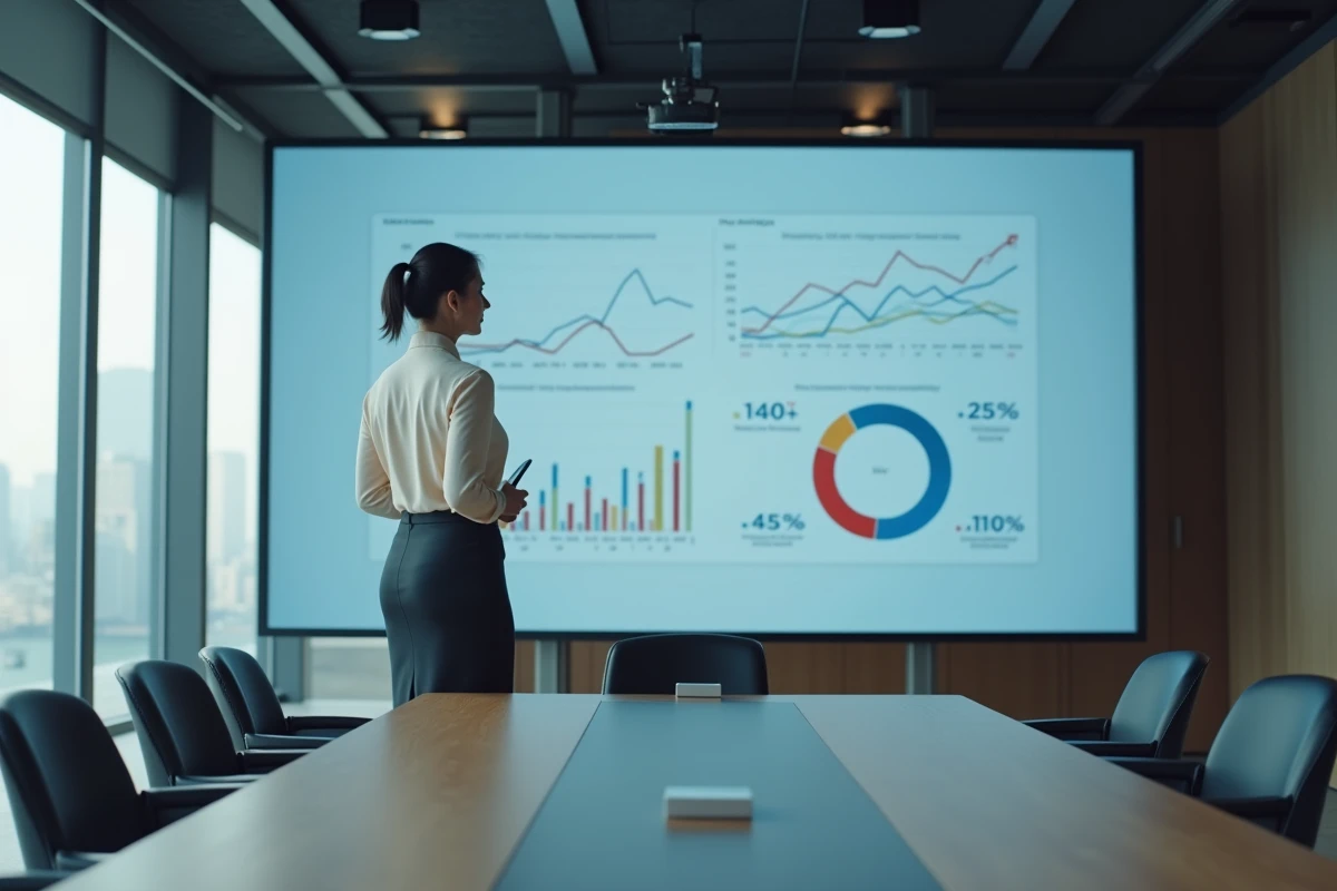 Femme de média devant un écran affichant des statistiques de recherche Google dans une salle de conférence moderne